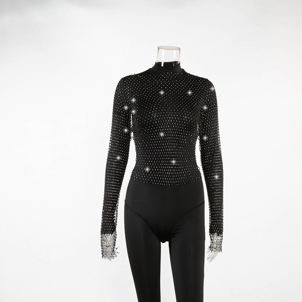 Women Rhinestone Fishnet T-shirt Solid Color Long Sleeve Crop Tops See Through Hollow Out Sexy Shirts Female Smock Tops