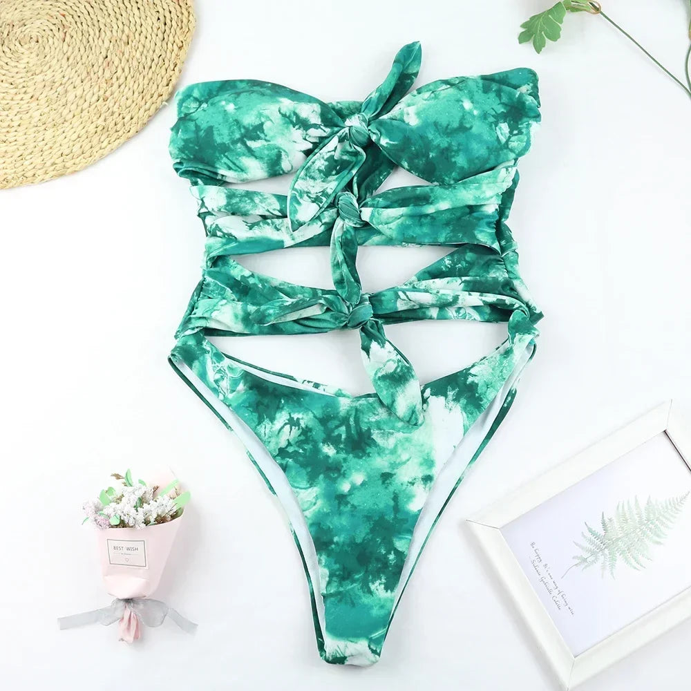2026 Sexy One Piece Swimsuit Swimwear Women Double Sided Green Print Hollow Knotted Bathing Suit Beachwear Trajes De Bano Mujer