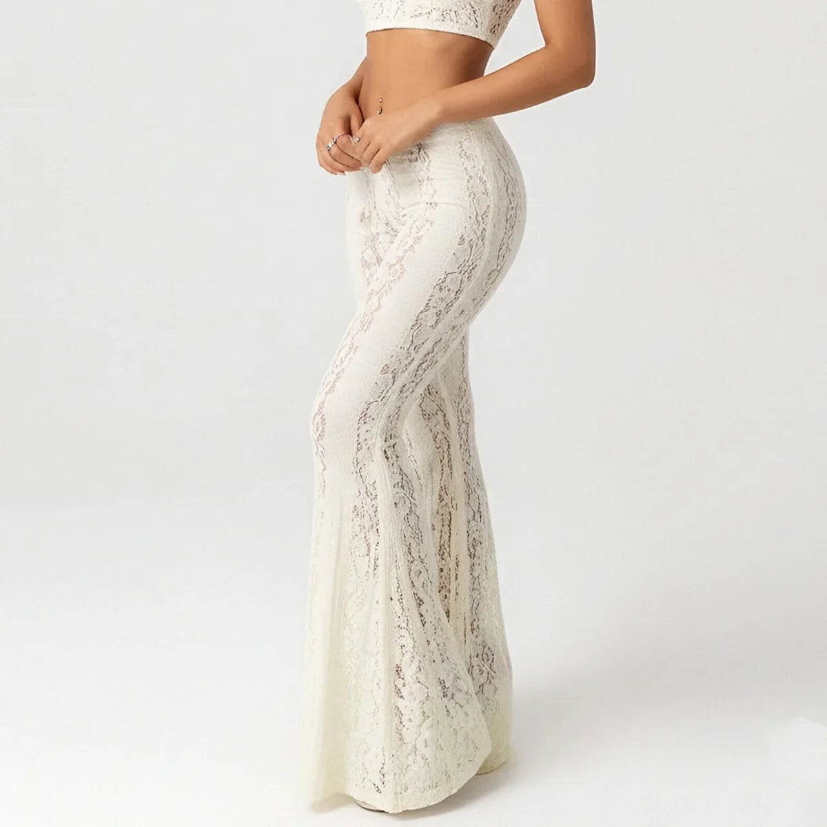 2026 spring and summer slim fit hip-hugging low-waist lace bell-bottom casual pants