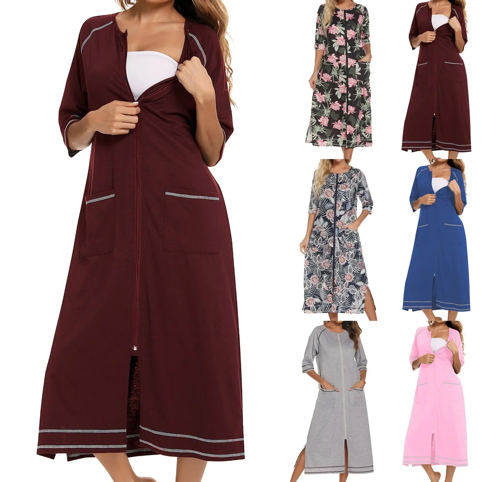 Summer Dresses For Women 2024 Zipper Front Robe Half Sleeve Bathrobe Full Length Soft Cotton Duster Dress With Pockets Home Wear