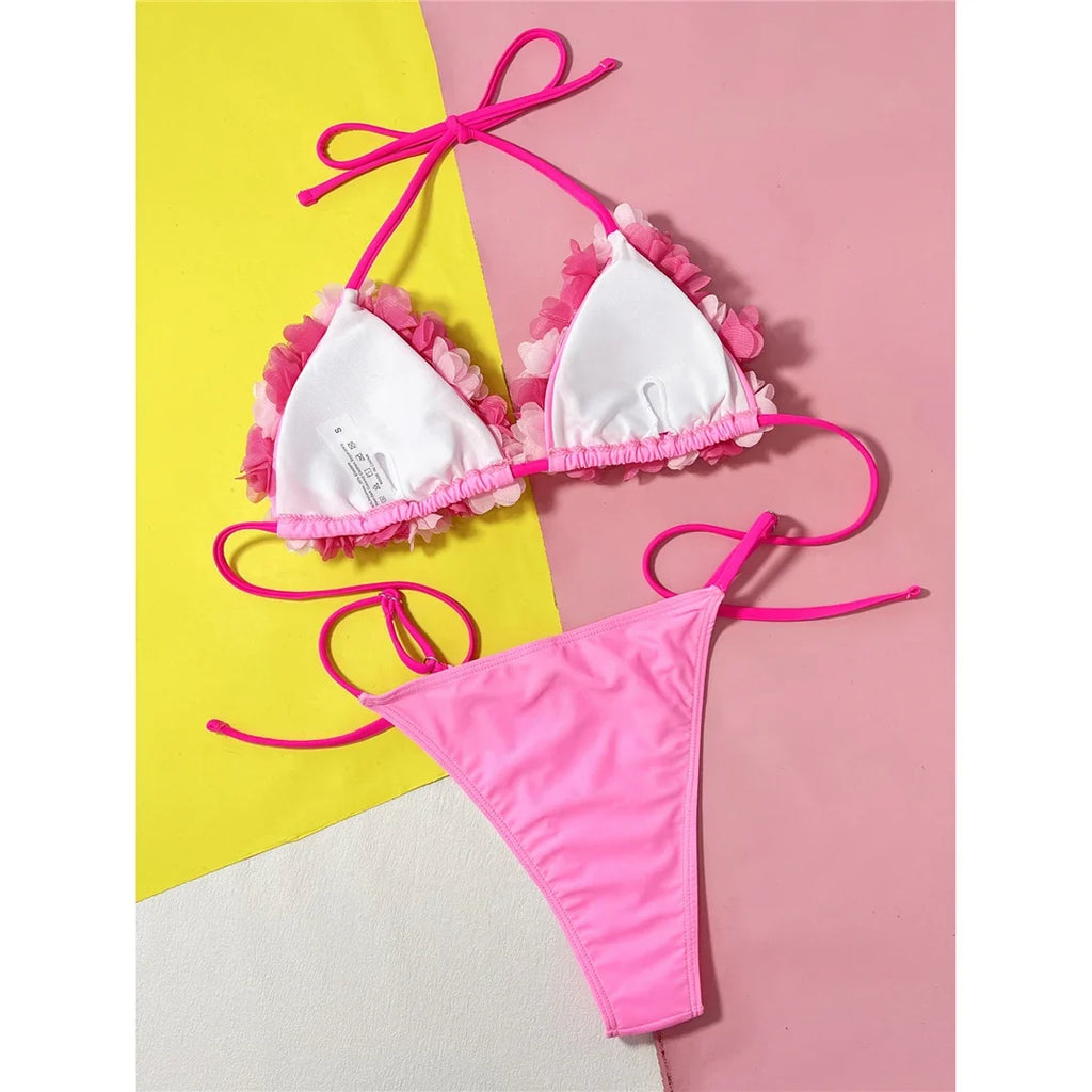 Sexy 3D Flowers Halter High Leg Cut Bikini Women Swimwear Female Swimsuit Two-Pieces Bikini Set Bather Bathing Suit Swim V5386