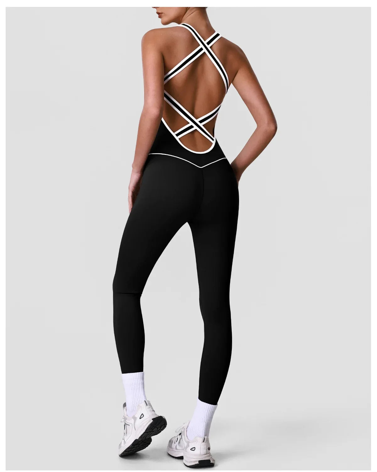 High Stretch Body Shaping Yoga Jumpsuit Women Black Patchwork Hollow Out Back Cross Fitness Sports One Piece Workout Bodysuits