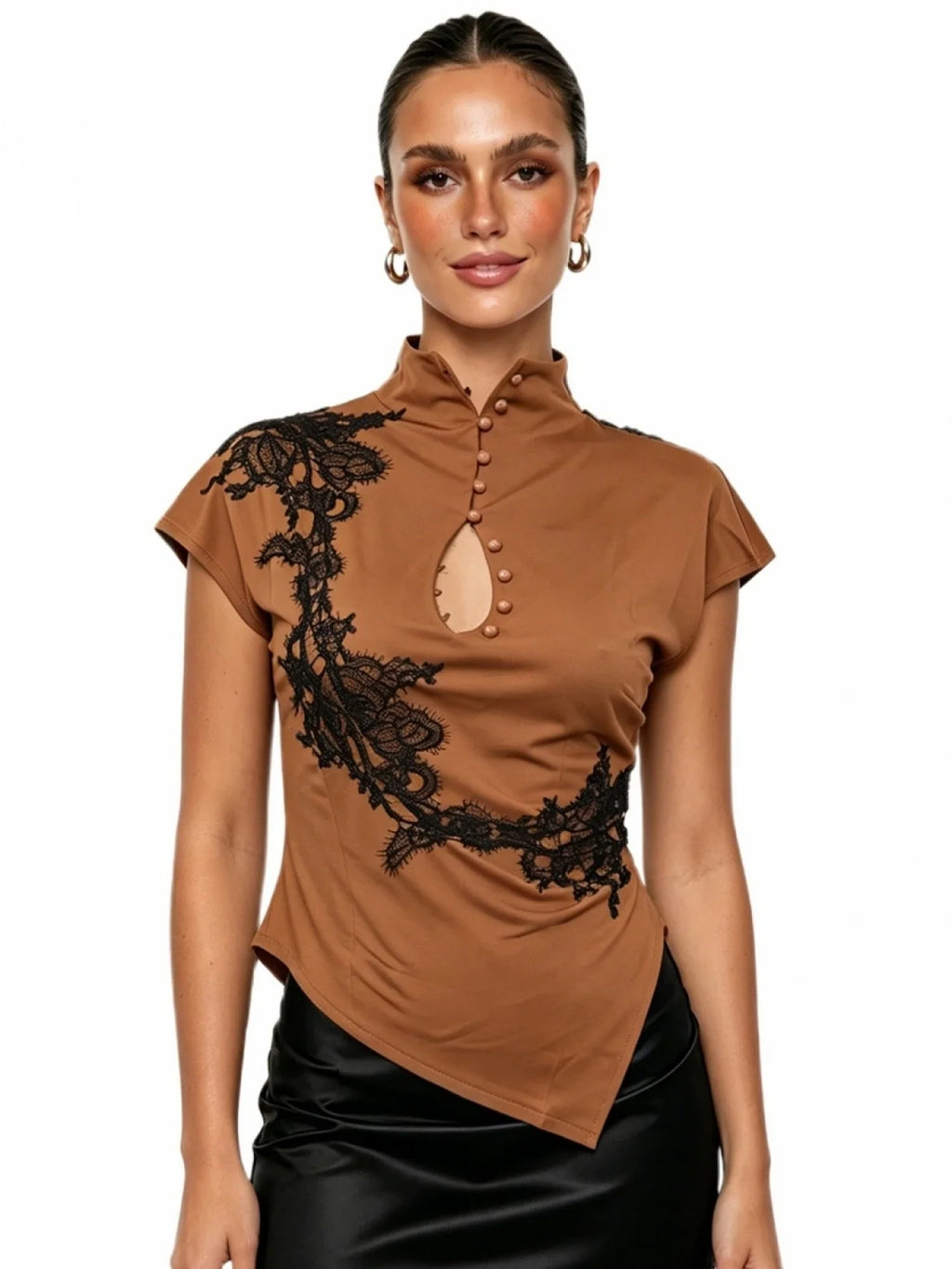 Women's Cheongsam Tops Mock Neck Short Sleeve Lace Patchwork  Blouse Chinese Style Keyhole Summer Shirts