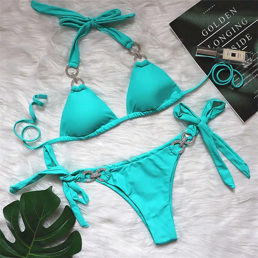 New Halter Bling Diamond Brazilian Bikini Female Swimsuit Women Swimwear Two-Pieces Bikini Set Bather Bathing Suit Swim V2340