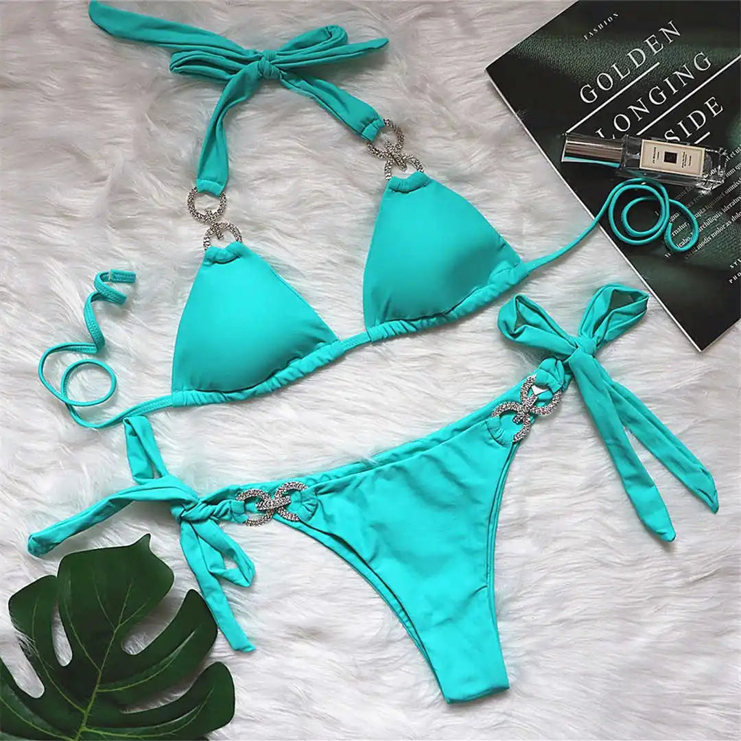 New Halter Bling Diamond Brazilian Bikini Female Swimsuit Women Swimwear Two-Pieces Bikini Set Bather Bathing Suit Swim V2340