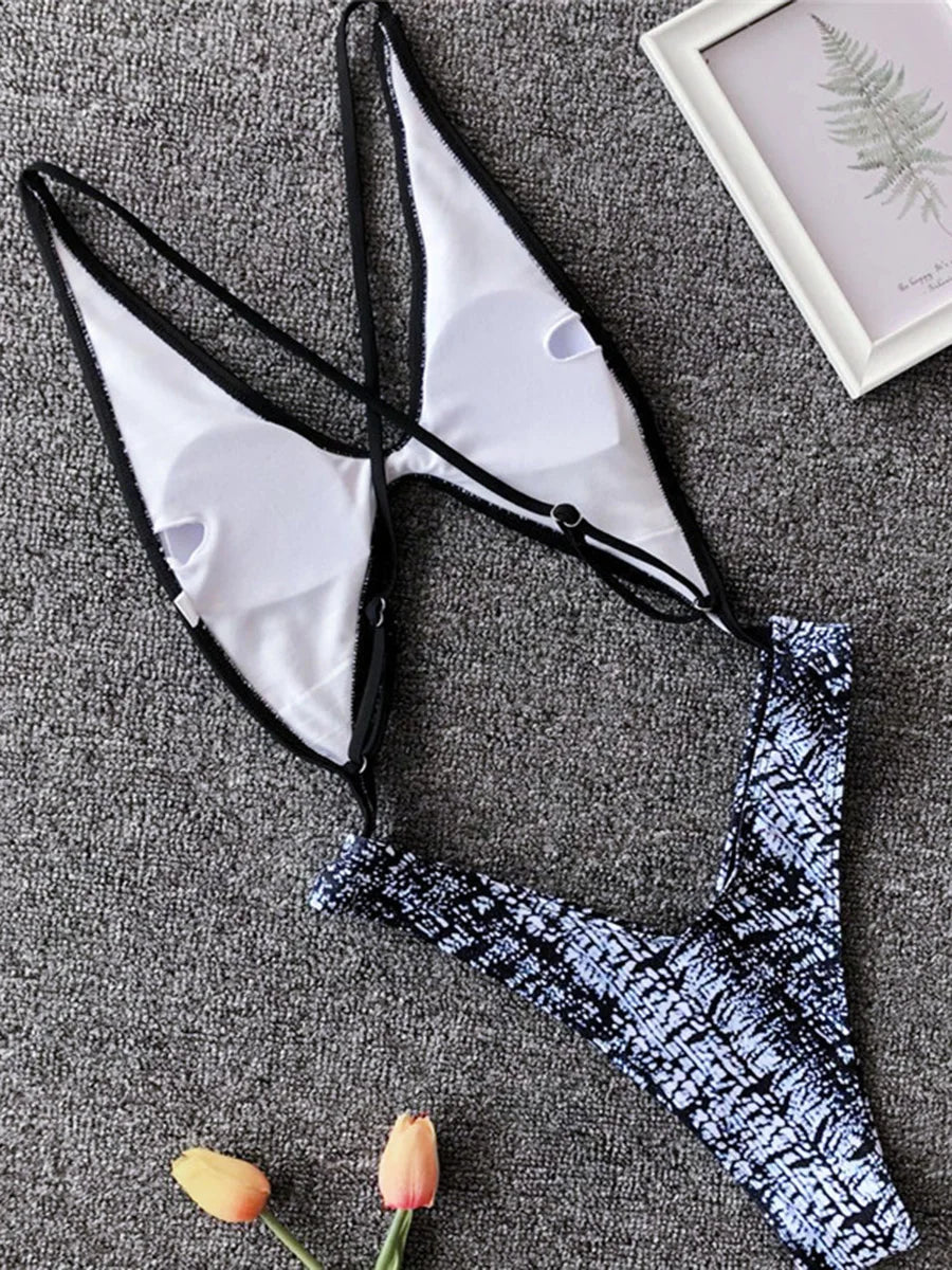 Snake Skin Tummy Cut Out Mini Mirco Thong One Piece Swimsuit Women Swimwear Female Monokini Backless Bathing Suit Swim Beachwear