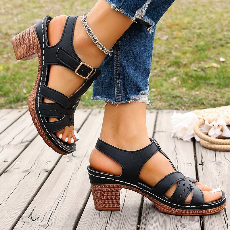 Lightweight Thick High Heels Sandals Women Plus Size 36-43 Summer Rome Shoes Woman Ankle Buckle Open Toe Beach Sandles Female