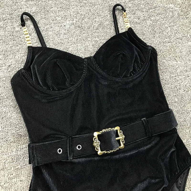 Ribbed Push up Underwired Metal Chain Women Swimwear One Piece Swimsuit Female Waist Belt Monokini Bather Bathing Suit Swim Lady