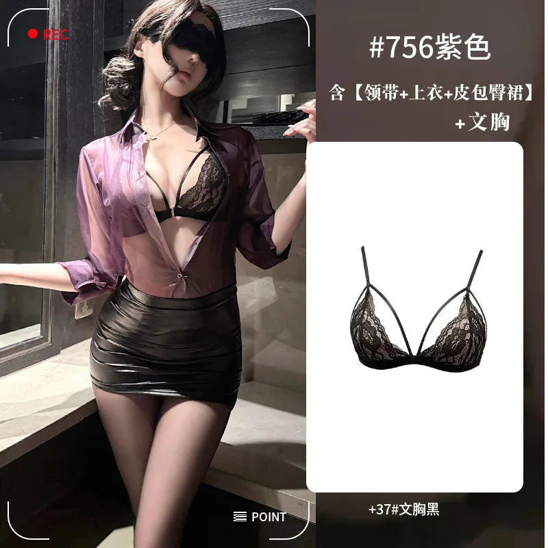 Translucent Purple Shirt Paired With A Skirt Set Secretary Sexy For Women Alluring And Pure Desire Dress Nightclub Style 89JL