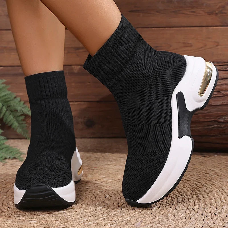 2025 Thick Bottom Knitted Ankle Boots Women Comfort Breathable Platform Sock Shoes Woman Plus Size Wedges Short Booties Mujer