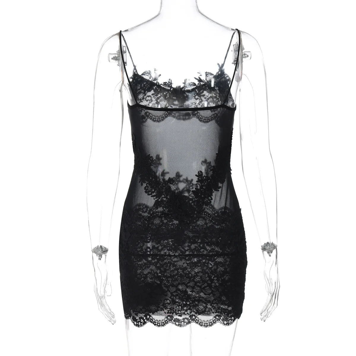 FDYOUI Spaghetti Strap See-through Mesh Dress Women Sleeveless Lace Patchwork Mini Party Dresses White Black Night Club Outfit