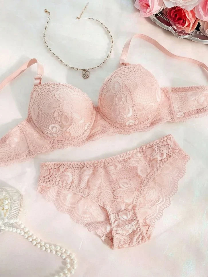 Pink girl lace set for daily wear comfortable set anti sagging 2-piece set solid color women's underwear set A2123