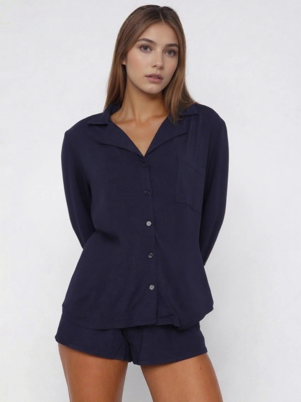 Women Fall 2 Piece Pajamas Set Solid Color Button up Long Sleeves Shirt and Elastic Shorts for Loungewear Soft Sleepwear