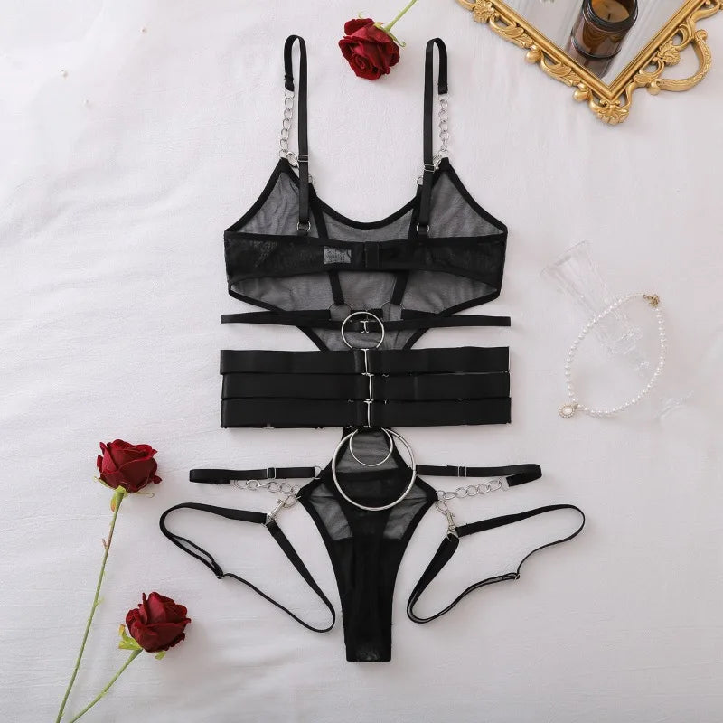 Toucheart Erotic Bodysuit Hollow See-through Mesh Design Binding Belt Body Shaping Seductive Luxurious Women Sexy Jumpsuit Set