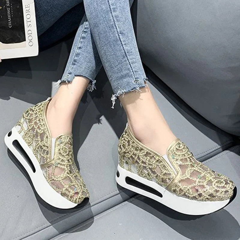Spring Autumn Luxury Crystal Sneakers Women Breathable Mesh Sports Shoes for Woman Retro Low Top Platform Vulcanize Shoes Lady