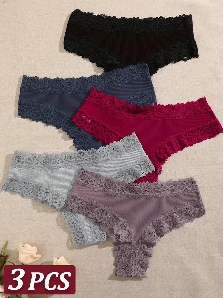 3Pcs Sexy Women Cotton Brazilian Pants Lace Brazilian Briefs Low Waist Floral Solid Color G-string Breathable Soft Lingerie