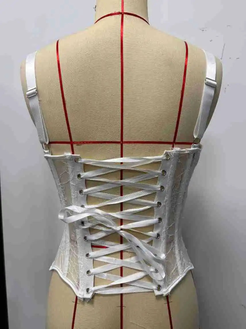 Summer Black Floral Embroidery Corset Women Sexy Underwire Slim Fit Fishbone Tank Top Back Tied Rope Club Party Vest Streetwear