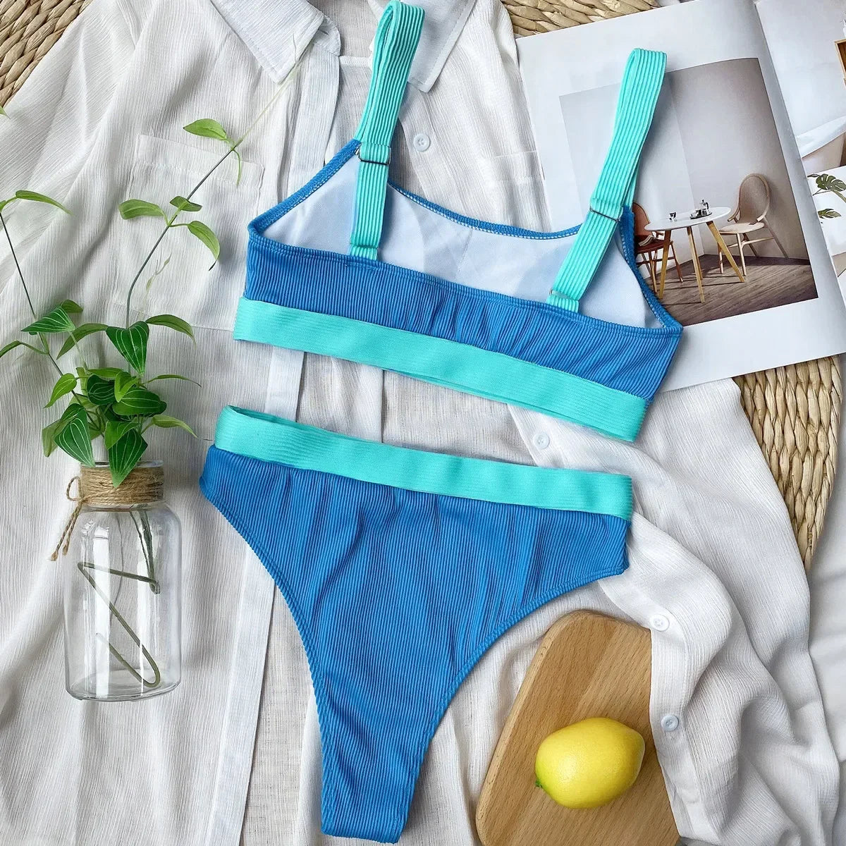 Bikini 2026 Swimsuit Swimwear Women High Waist Splicing Beachwear Sports Ribbed Bathing Suit Push Up Biquinis Feminino Tankini