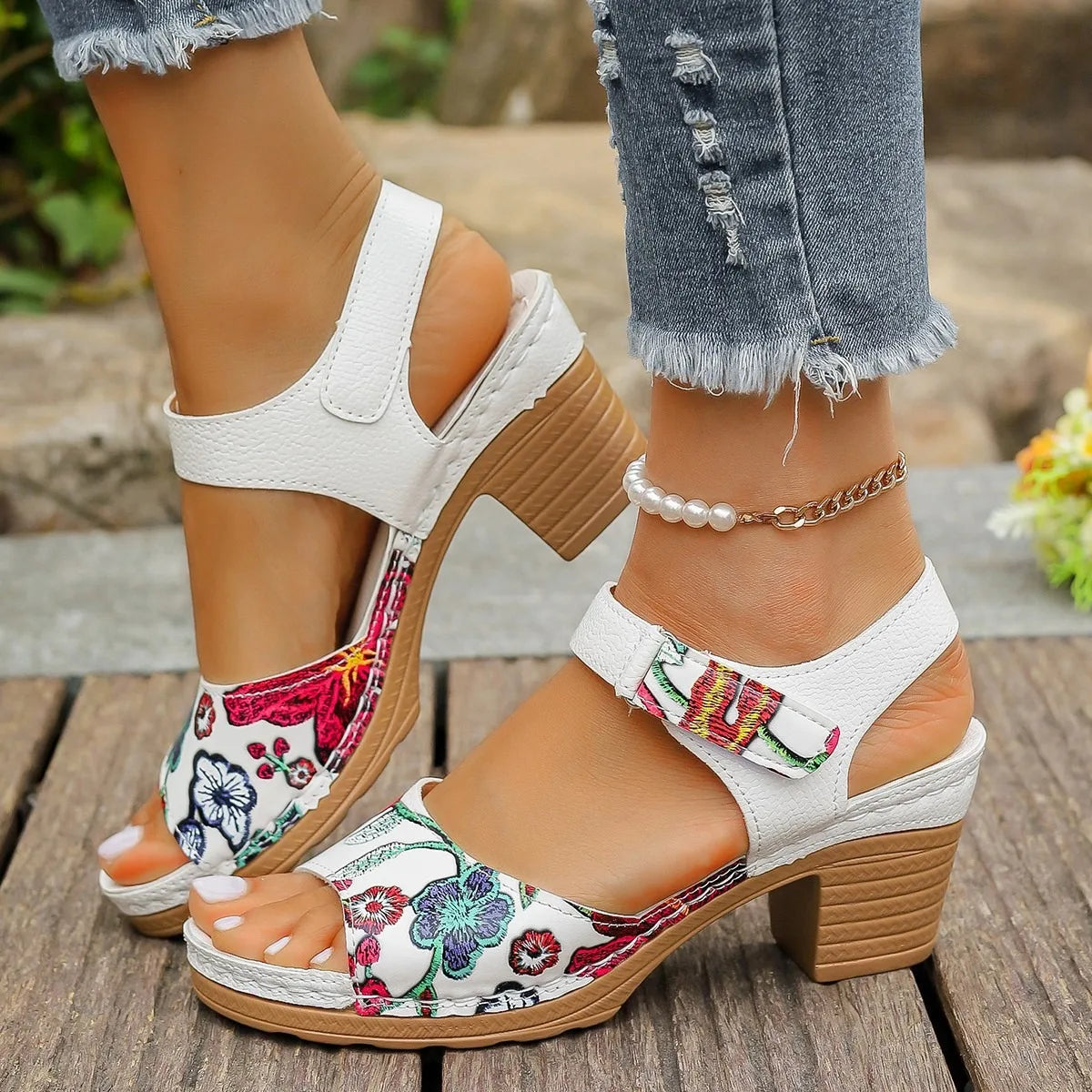 Women's Peep Toe Hihg Heel Sandals 2026 Gladiator Shoes Chunky Heel Platform Women's Sandals Flower Ladies Heeled Shoes