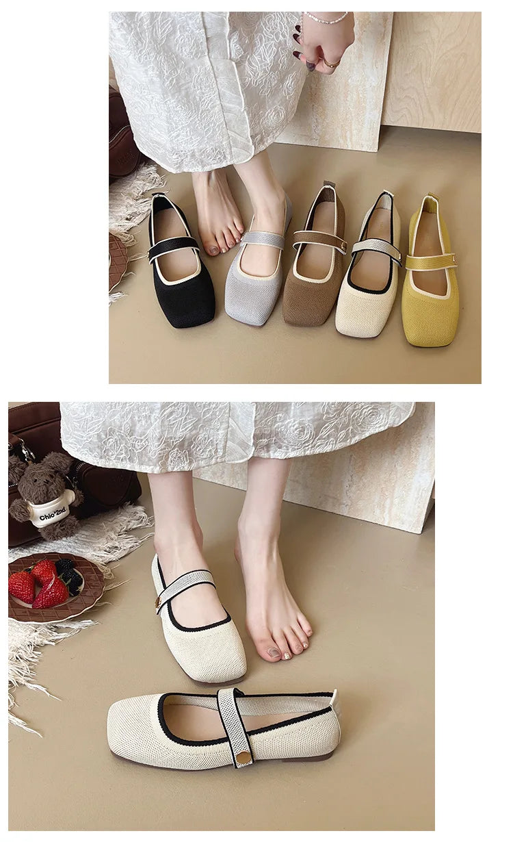 2026 New Mary Jane Shoes Woman Summer Autumn Leisure Flats Breathable Knitted Square Toe Female Daily Walking Driving Flat Shoes