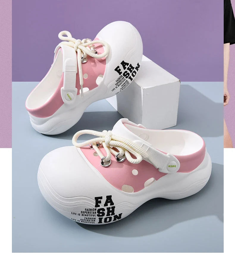 2026 New DIY Lace-up Fashion Clogs For Women Platform Slippers Thick Sole Summer Shoes Female Street Sandals Home Beach Slides