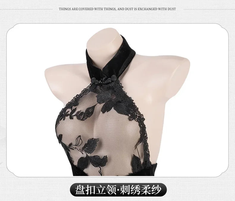 Chinese Traditional Lace Cheongsam Mini Dress Women Sexy Lingerie See-through Embroidery Halter Elegant Qipao Skirt