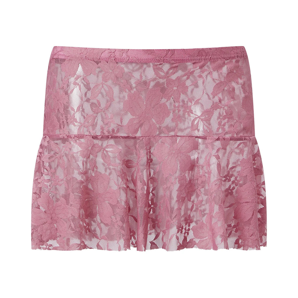 Summer Women Mini Skirts Floral Lace Sheer Elastic Waist A-line Skirt for Beach Vacation Club Cover-ups Streetwear