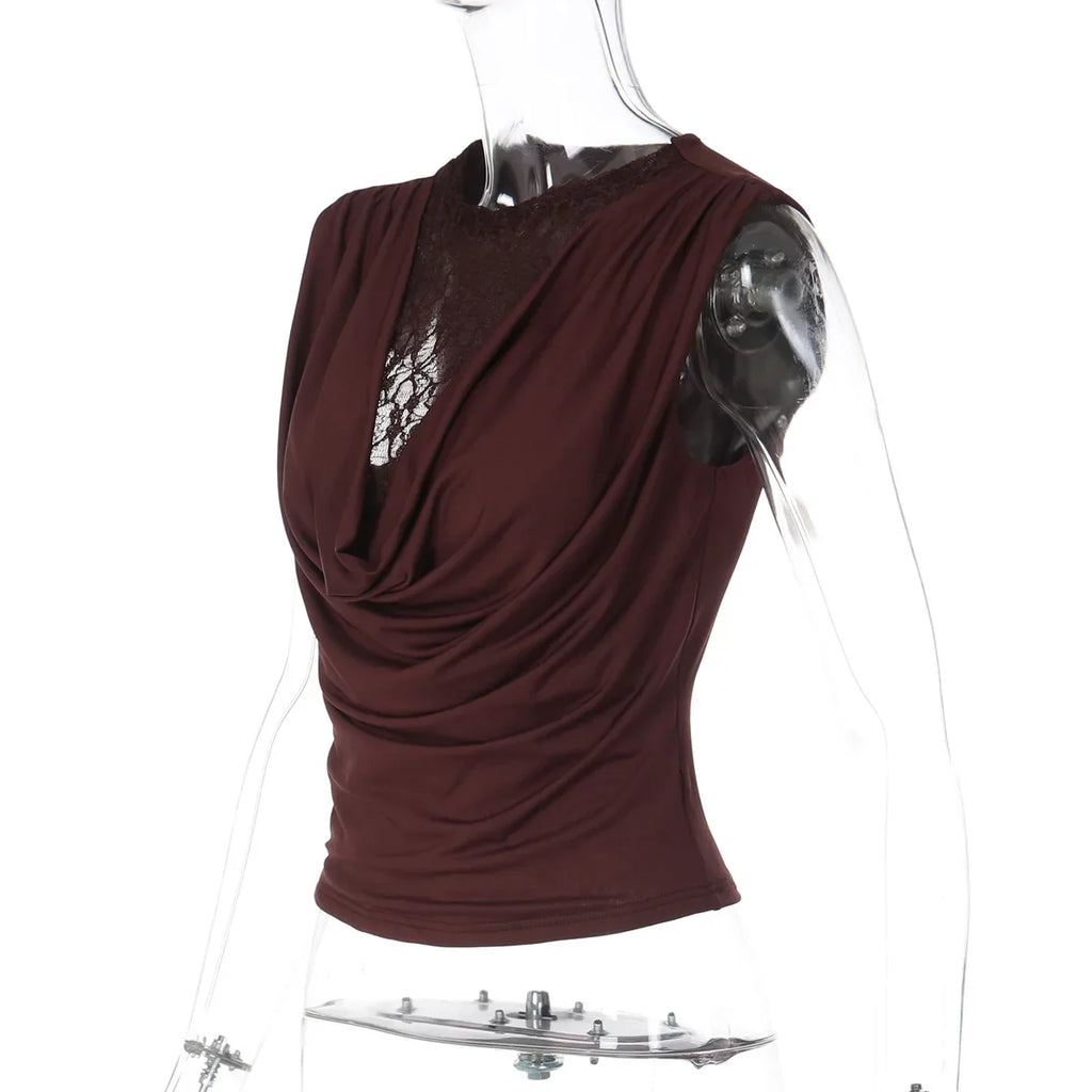 FDYOUI Elegant Lace Patchwork Tank Tops 2026 Summer See-through Sleeveless T-shirt Ladies Folds Slim Corset Crop Top High Street