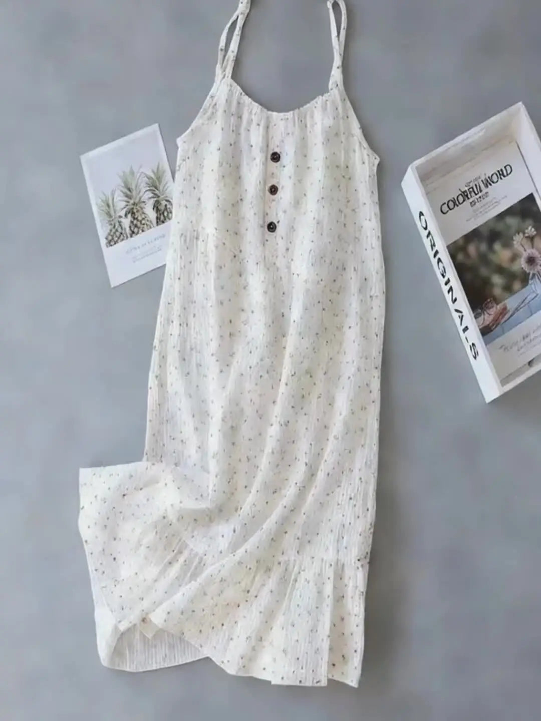 Women Floral Nightdress Sleeveless Cami Nightgown Loose Crinkle Sleep Dress Button Front Ruffle Hem Summer Loungewear