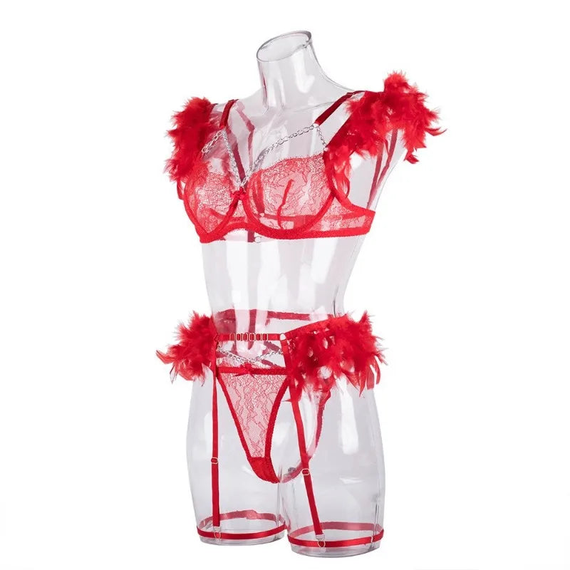 Toucheart 4 Piece Set Fun Lingerie For Women Feather Lace Splicing Chain Sexy Slim Mesh See-Through Sexy Lingerie Garters Suit