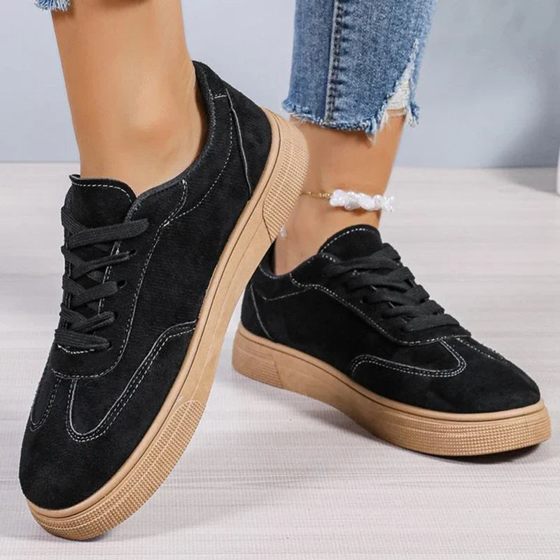 All Match Black Faux Suede Sports Shoes for Women Lace Up Low Top Sneakers Woman Sewing Wear Resistant Vulcanize Shoes Ladies