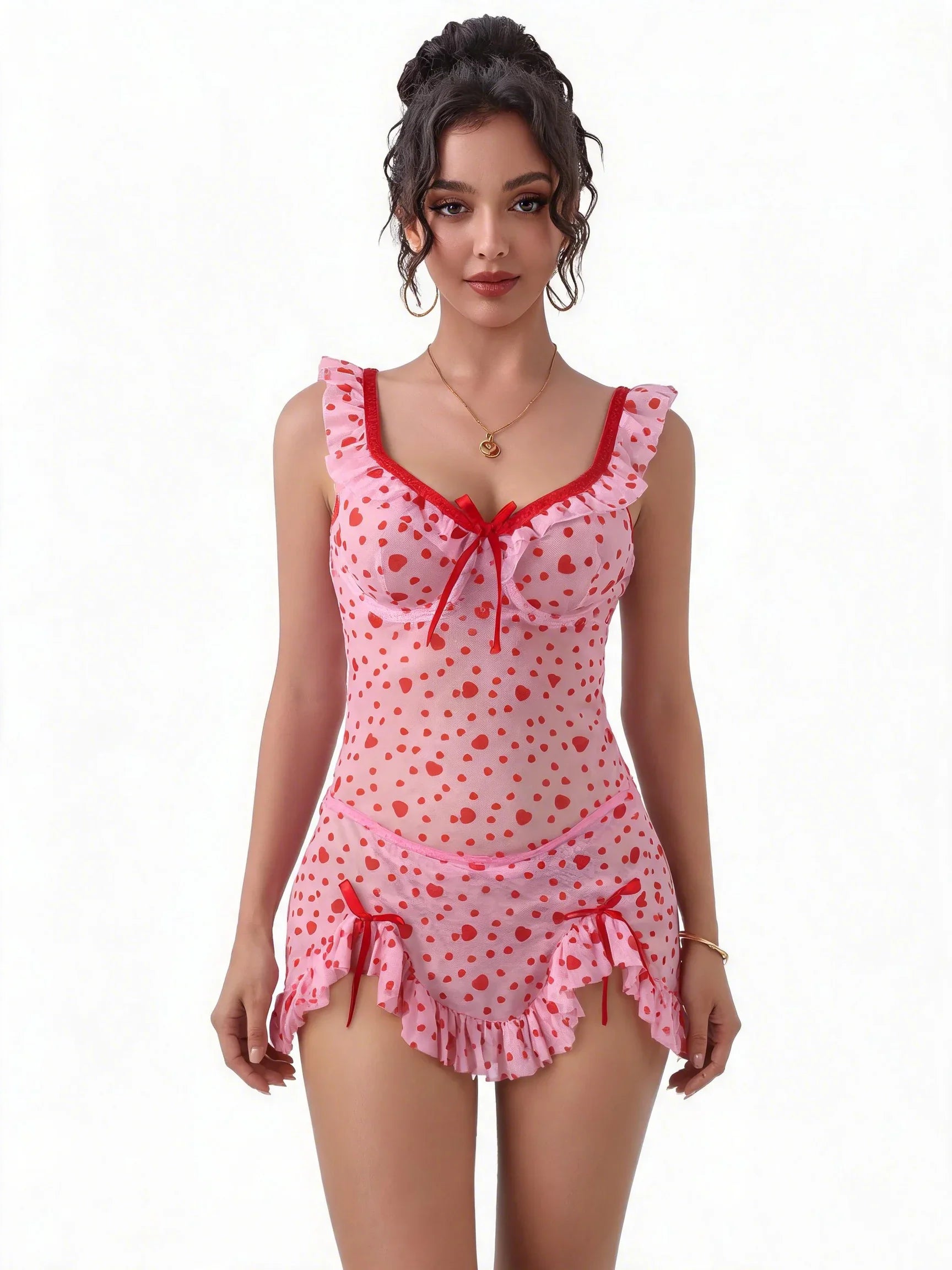 Pink Heart Print Mesh Nightdress for Women Lace Trim See Through Push Up Underwire Chemise with Panties Plus Size M-3XL