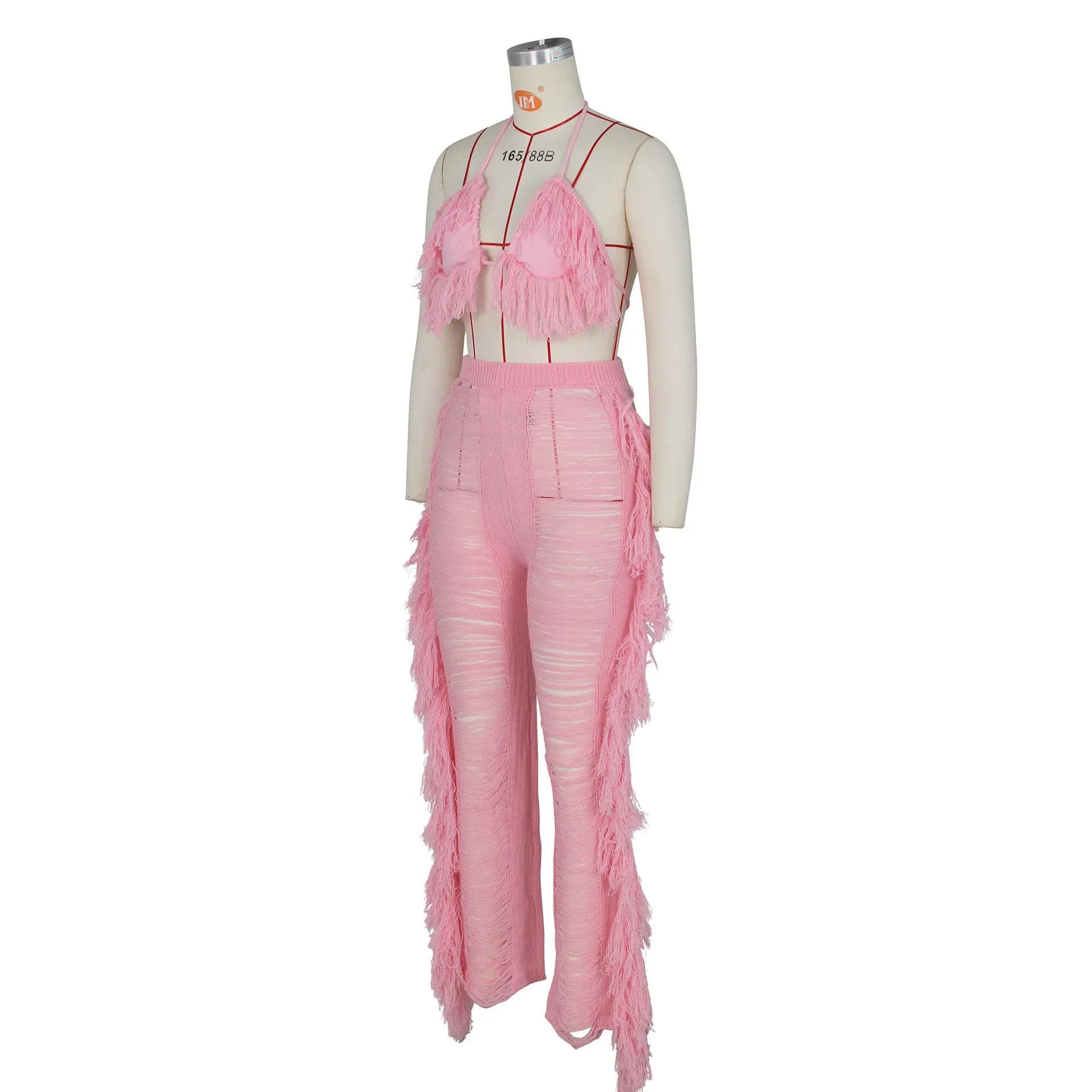 DEKAWomen Tassel Pants Knitted Bra Top Bikini Set Swimsuit Handemade Crochet Bikini Cover Up Tassel Beach Long Wrap Pant