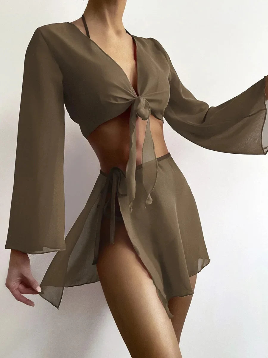 4PCS with Mesh Sarong Cover Up Long Sleeve Bikini Female Swimsuit Women Swimwear Four-pieces Bikini Bathing Suit Swim Beachwear