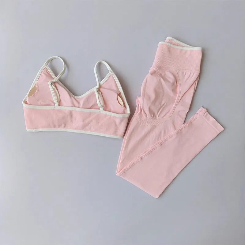 2PCS High Waisted Sports Bra Set with Contrasting Small Suspender Tight Fitting Hip Lifting Training Bra And Pants