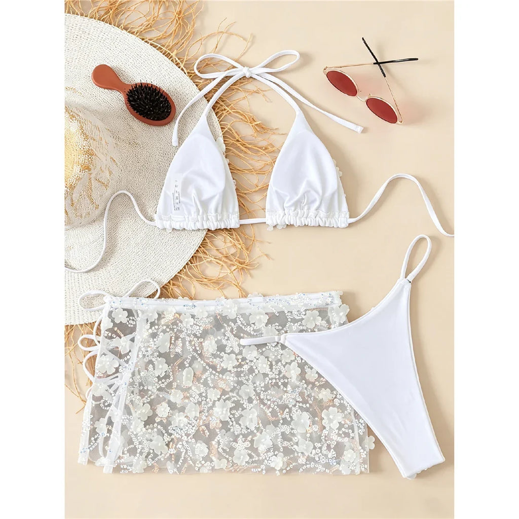 S - XL Three-pieces Bikini set With Skirt Flowers Sequins Bikini Female Swimsuit Women Swimwear Bather Bathing Suit Swim V7864