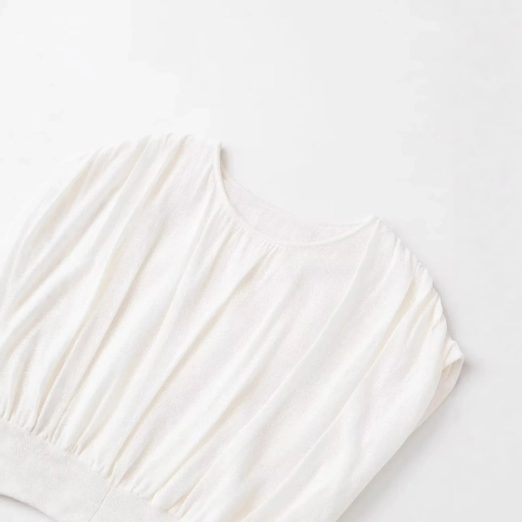 Fashionable Casual Solid Color Pleated Knit Top White Pleated Short Sleeve Blouse Waist Elegant Summer Top For Women Wear R6ZV