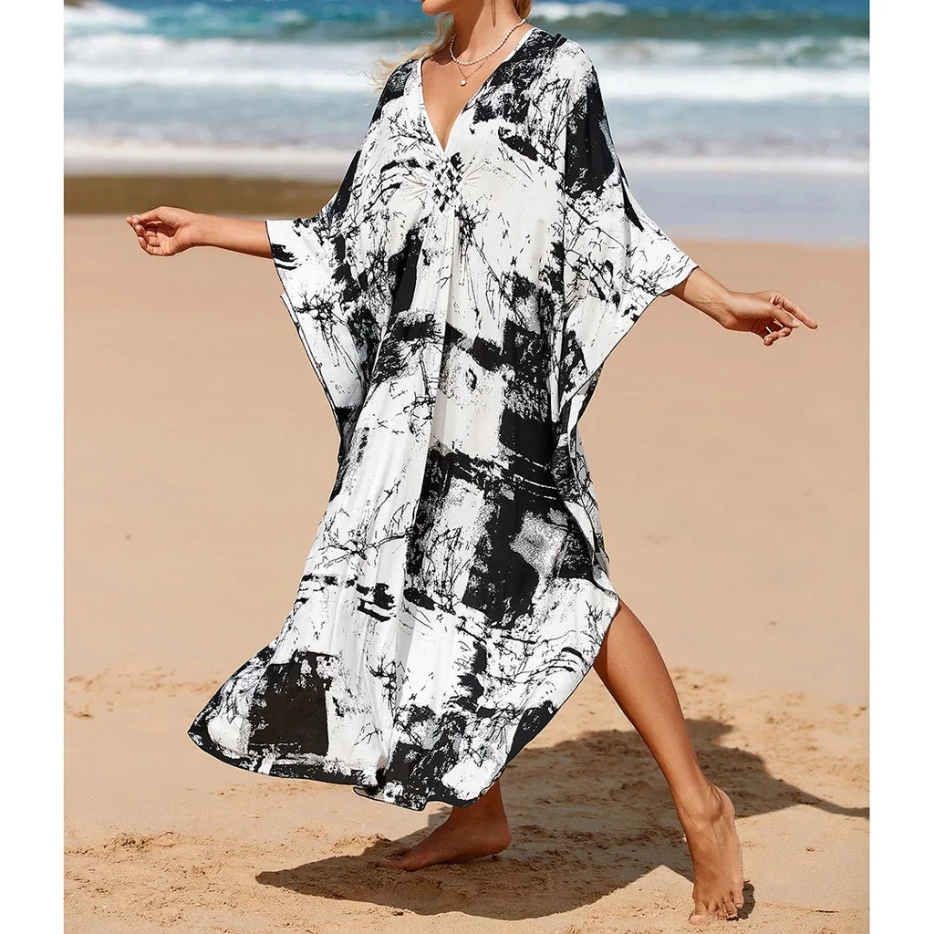 Sexy Zebra Printed V Neck Tunic Beach Cover Up Cover-ups Beach Dress Beach Wear Beachwear Beach Long Dress Female Women V4159