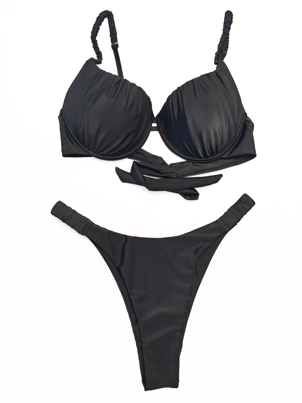 New pleated hard cup sexy bikini solid color swimsuit women's separate strap support vacation adjustable halter bikini