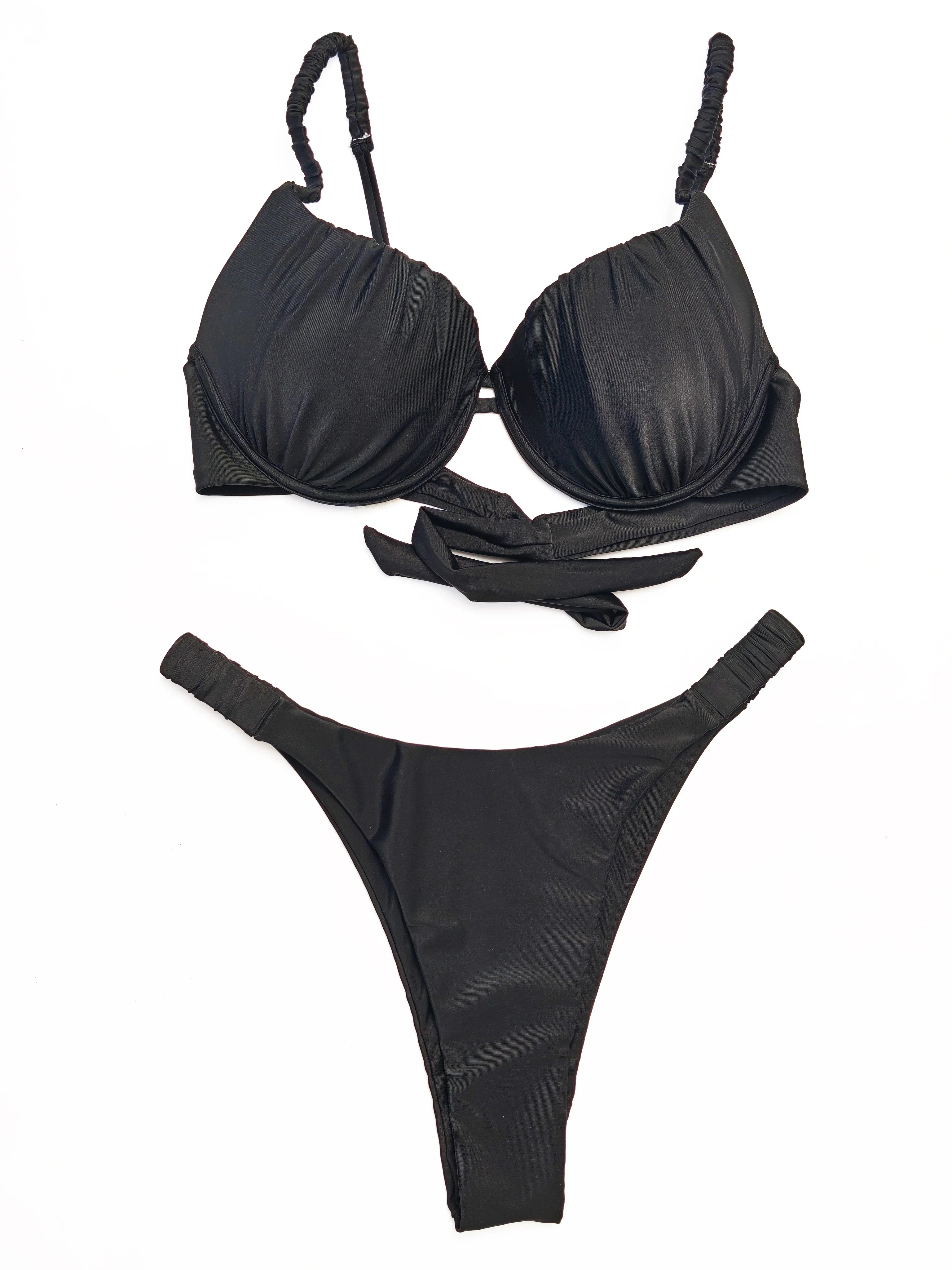New pleated hard cup sexy bikini solid color swimsuit women's separate strap support vacation adjustable halter bikini
