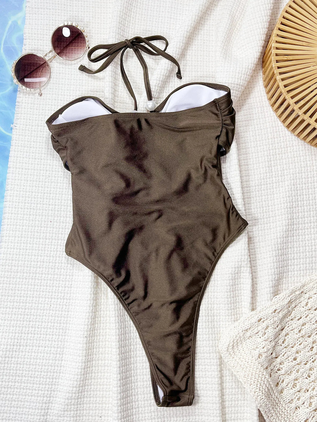 Sexy Coffee Pearl Bandage Cross Swimwear Women 2026 Hollow Out Backless Pleate  Holiday Bathing Suit One Piece Swimsuit Monokini