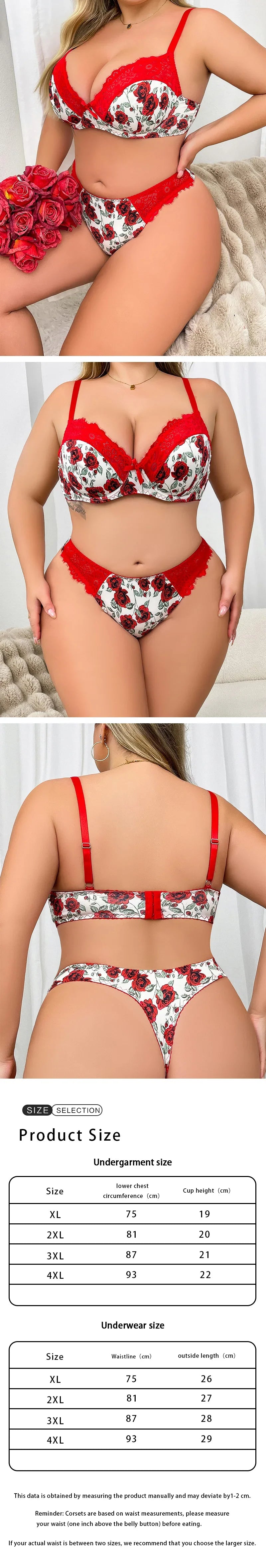 Plus Size Rose Red Sexy Lingerie Set, Hollow Out Push-up Full Bust Support Bra