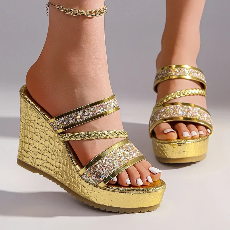 Gold Shiny Sequin Wedges Sandals Women Plus Size 42 Summer Chunky Platform Slippers Woman Crystal High Heel Party Shoes Ladies