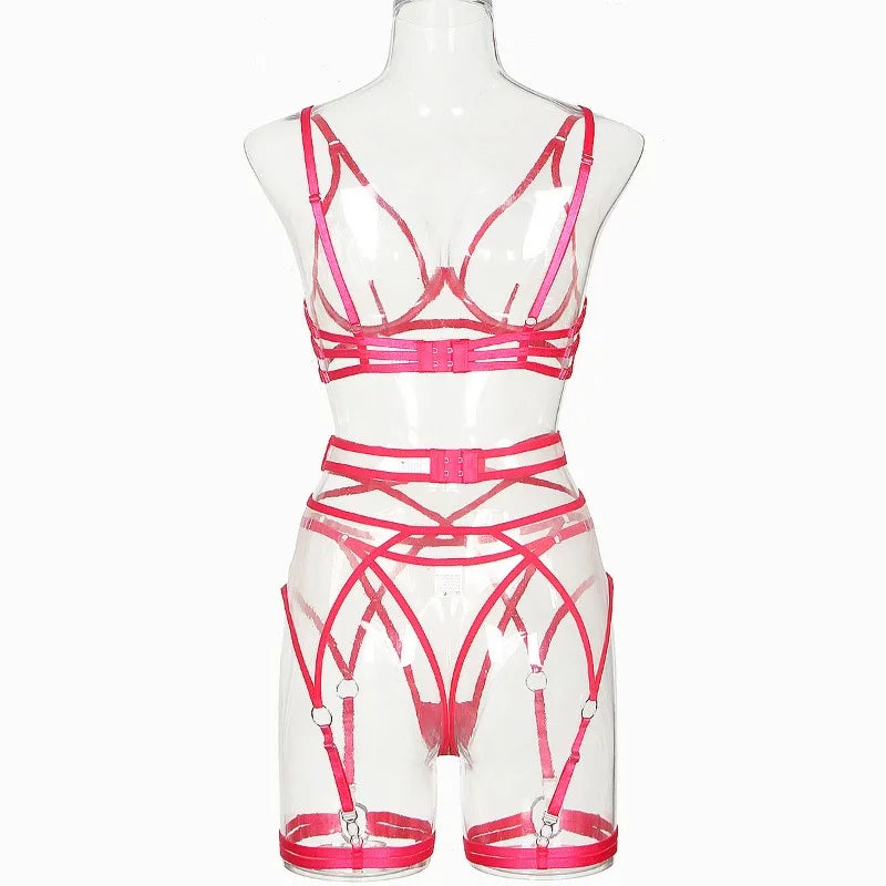 Toucheart 4 Piece Set Bra Set Nude See-Through Mesh Contrasting Color Hemmed Sexy Underwear For Women Girdle Garter Belt Suit
