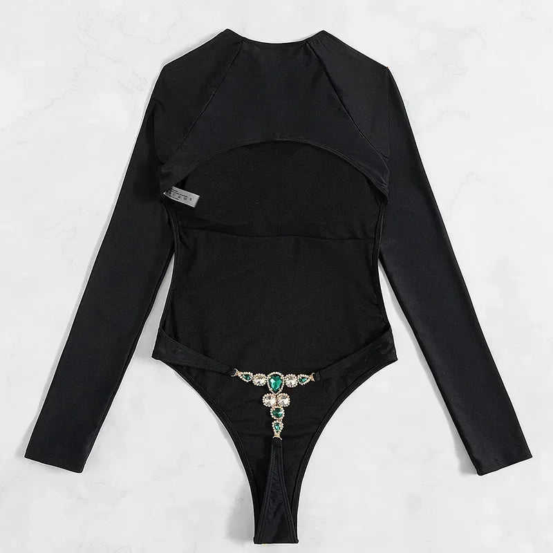 New Long Sleeve G String Diamond Bikini Female Backless Swimwear One Piece Swimsuit Women Monokini Sexy Bather Bathing Suit Swim