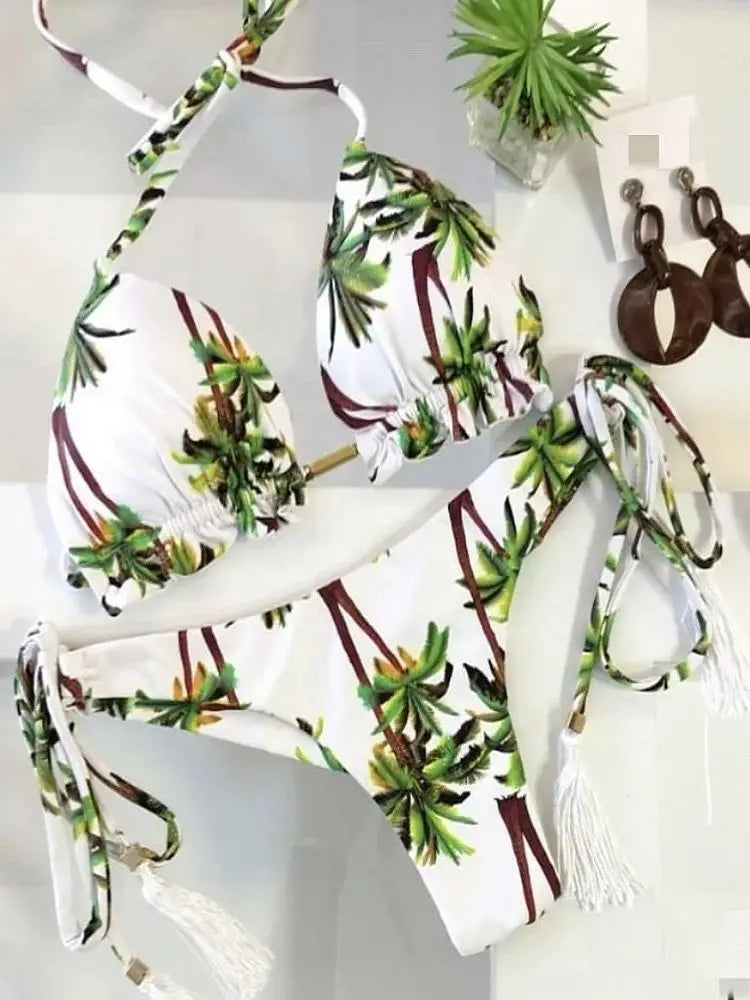 2026 New Women's Swimsuit Neck Hanging Bikini Set Split Beach Swimsuit 2-piece Set with Tassel Decoration