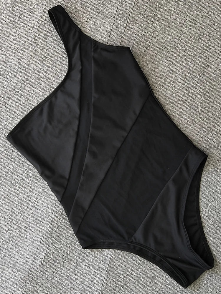 Splicing Mesh See Through One Shoulder Female Swimwear One Piece Swimsuit Women High Cut Monokini Mesh Bathing Suit Swim Lady