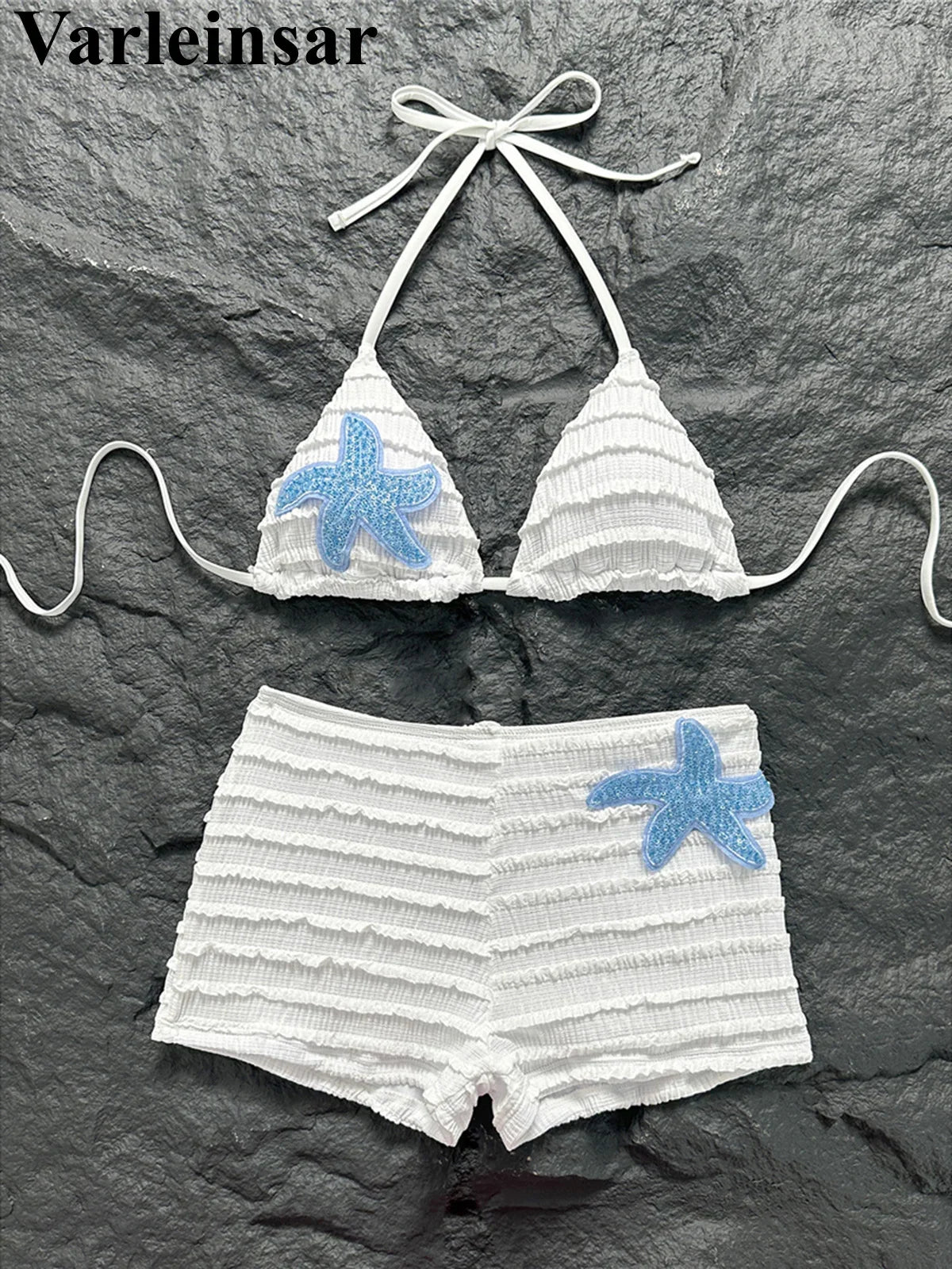 Sequins Starfish Halter High Waist Bikini Female Swimsuit Women Swimwear Two-Pieces Bikini Set Bather Bathing Suit Swim V8215