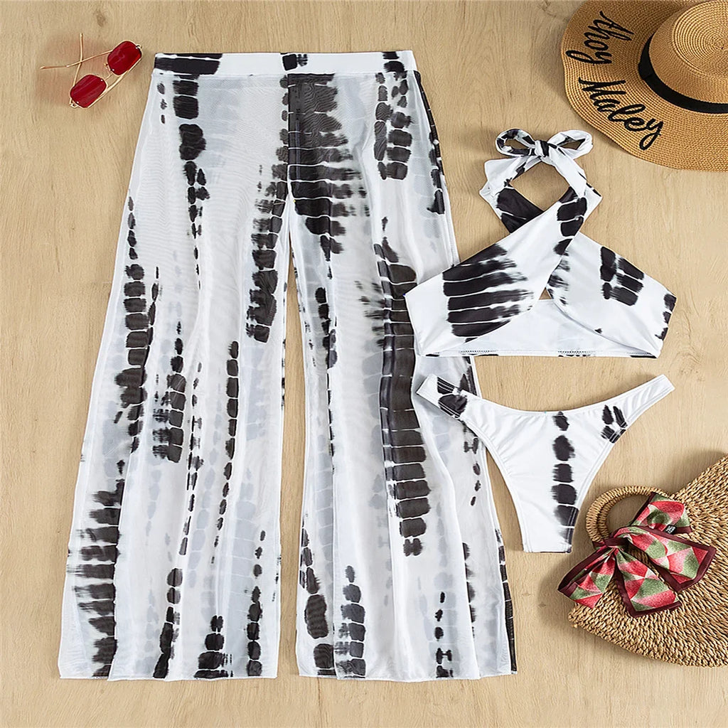 Halter Printed With Beach Pants Bikini Women Swimwear Female Swimsuit Three-pieces Bikini set Bather Bathing Suit Swim V3542
