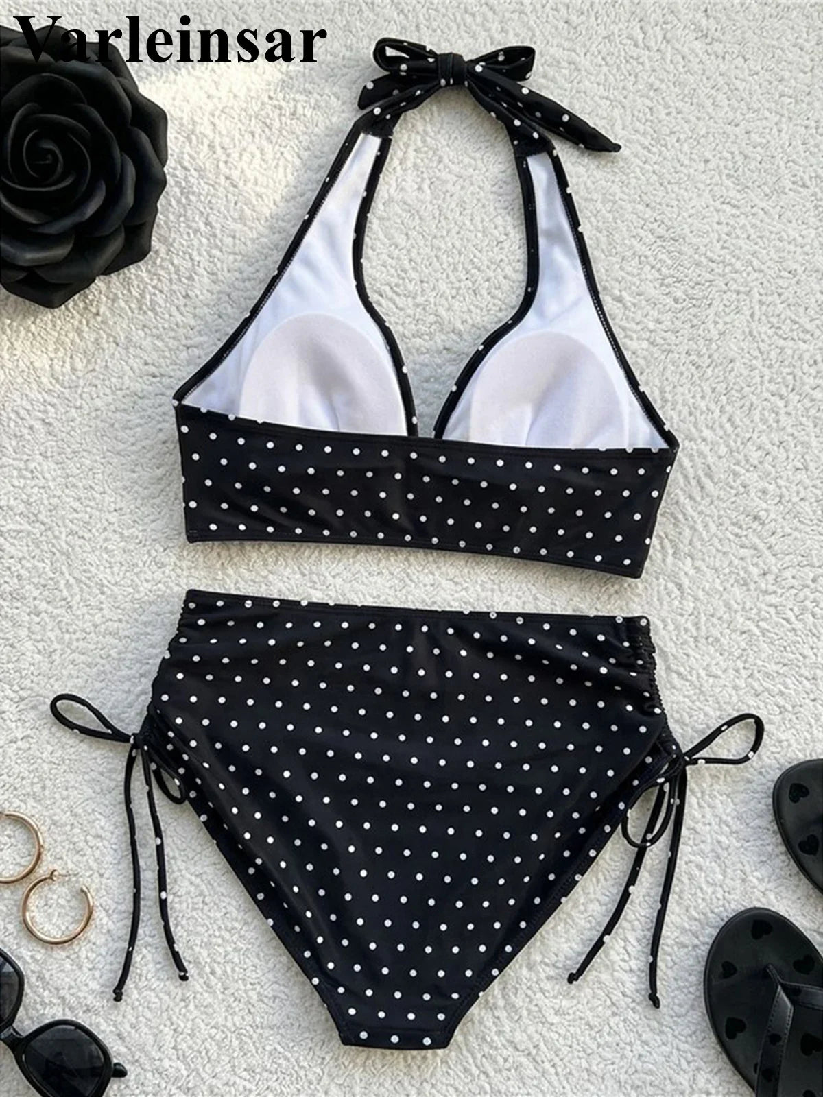 S - XL Polka Dot V Neck High Waist Bikini Female Swimsuit Women Swimwear Two-Pieces Bikini Set Bather Bathing Suit Swim V8111